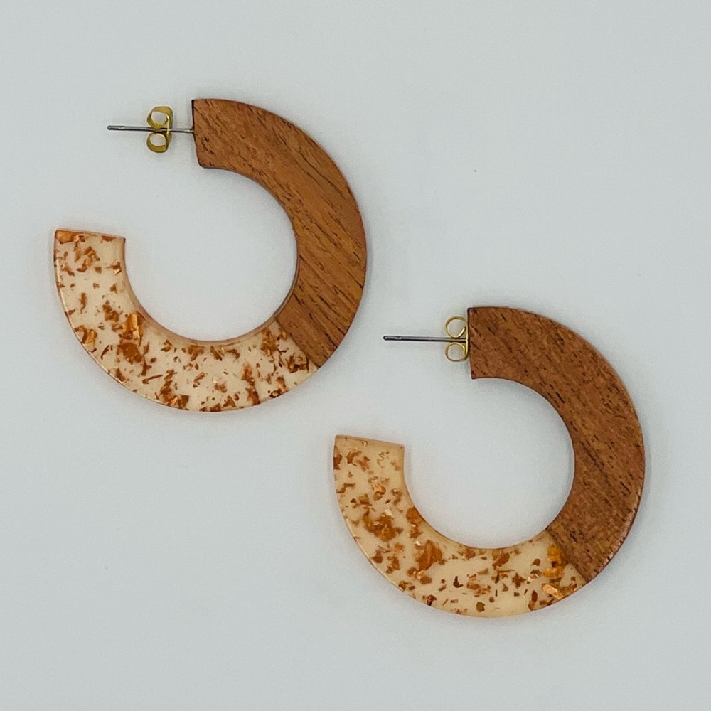 Unique wood and coppery-flecked acrylic earrings with standard post